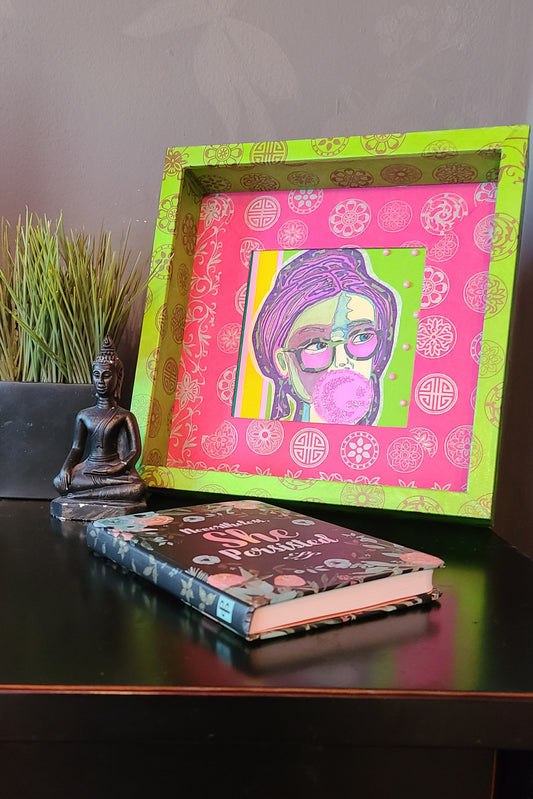 Bubble Gum Girl 3 - Multi-media Art Piece - Decoupaged Frame