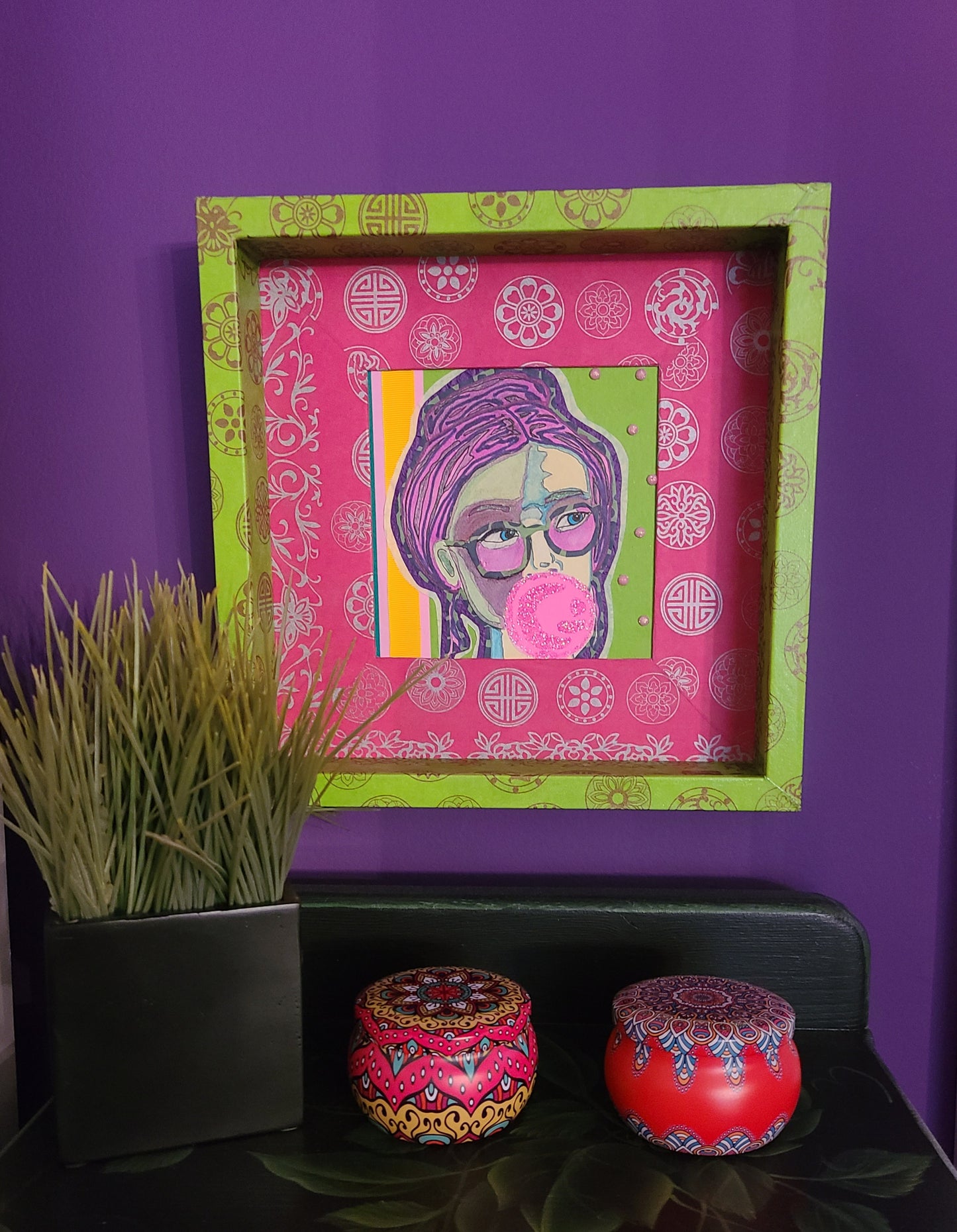 Bubble Gum Girl 3 - Multi-media Art Piece - Decoupaged Frame