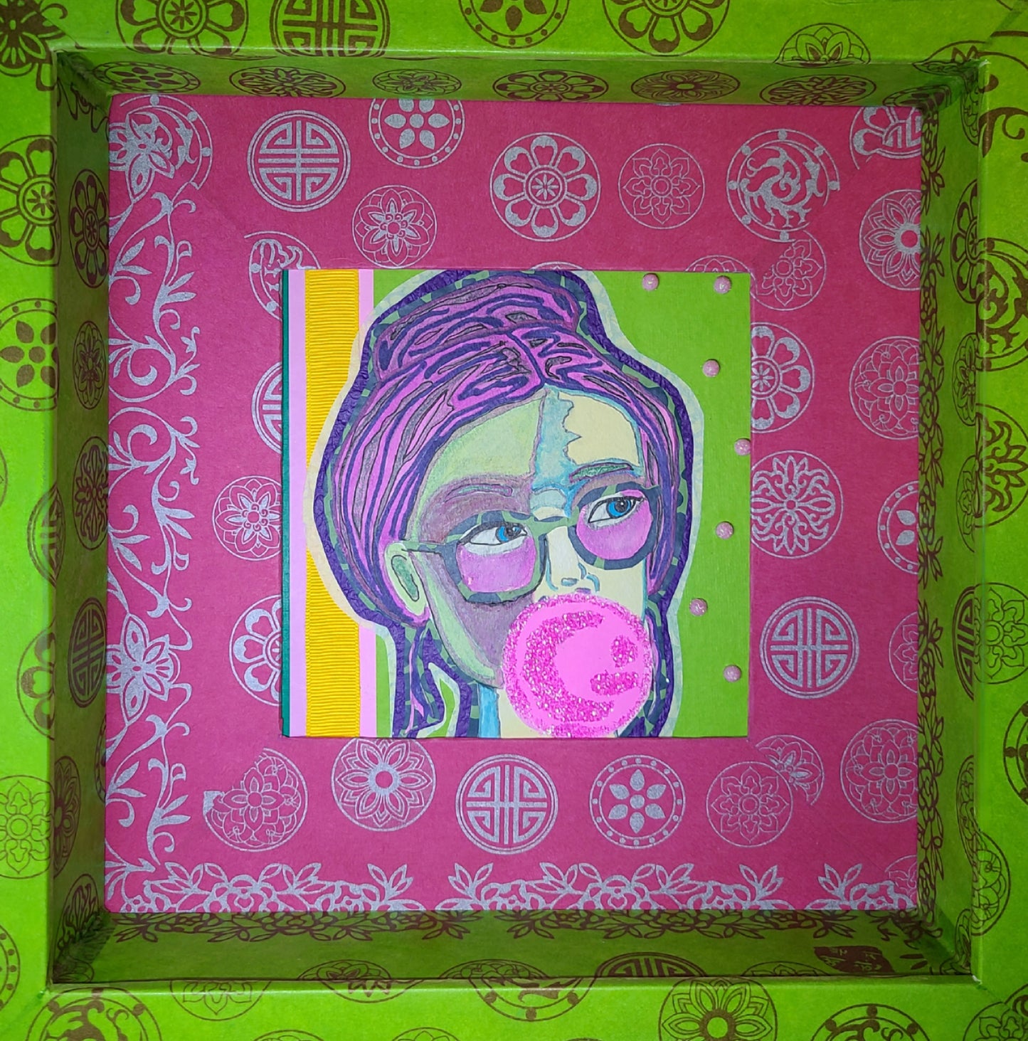 Bubble Gum Girl 3 - Multi-media Art Piece - Decoupaged Frame