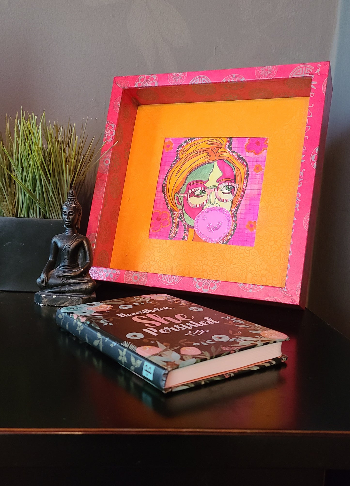 Bubble Gum Girl 1 - Multi-media Art Piece - Decoupaged Frame