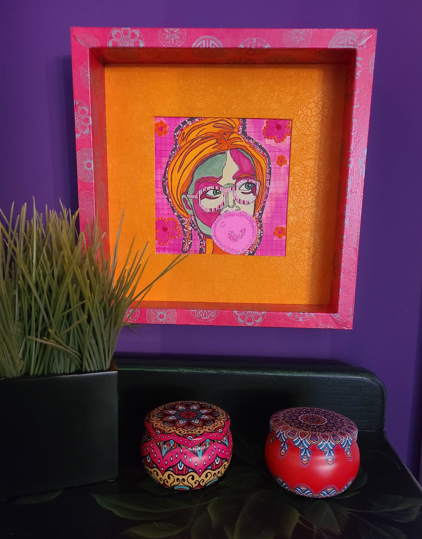 Bubble Gum Girl 1 - Multi-media Art Piece - Decoupaged Frame