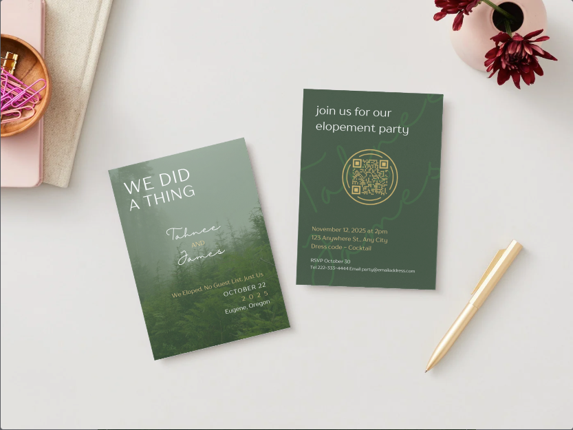 Wedding Elopement & Party Announcement - Misty Forest Theme - 5"x 7"